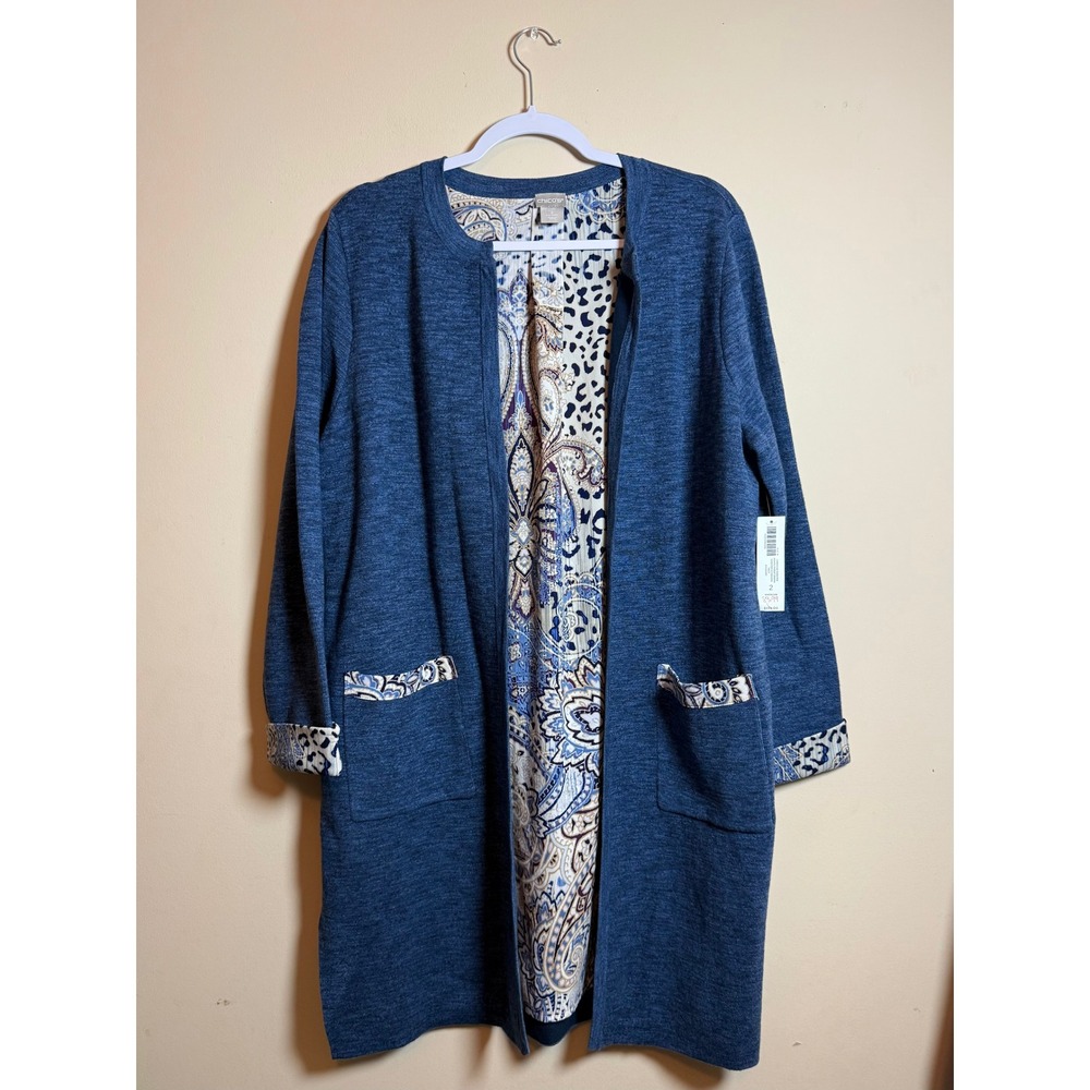 Chicos Animal Paisley Drama Open Front Cardigan Sweater Navy Womens Size 2 L NWT